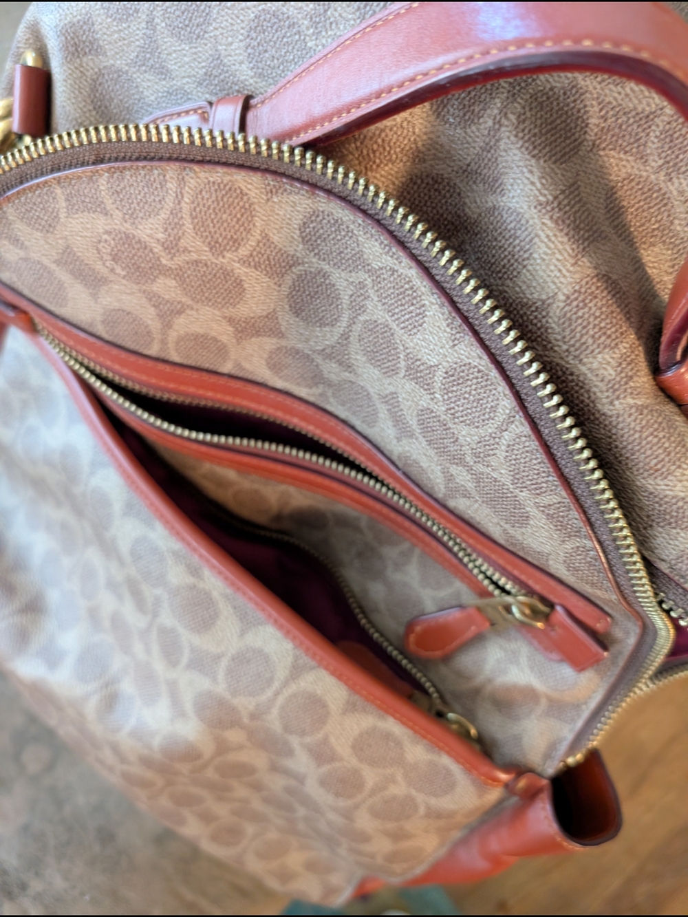 Coach Signature Canvas Backpack in Brown with Red Leather Trim - Picture 3 of 6